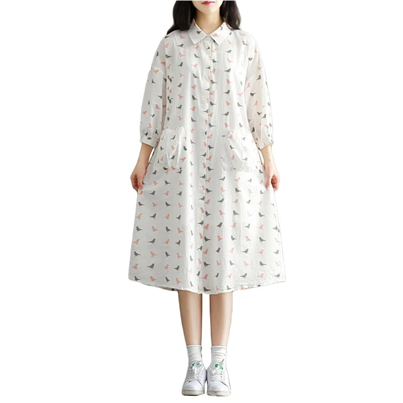 

Linen Print 3/4 Sleeve Shirt Dress