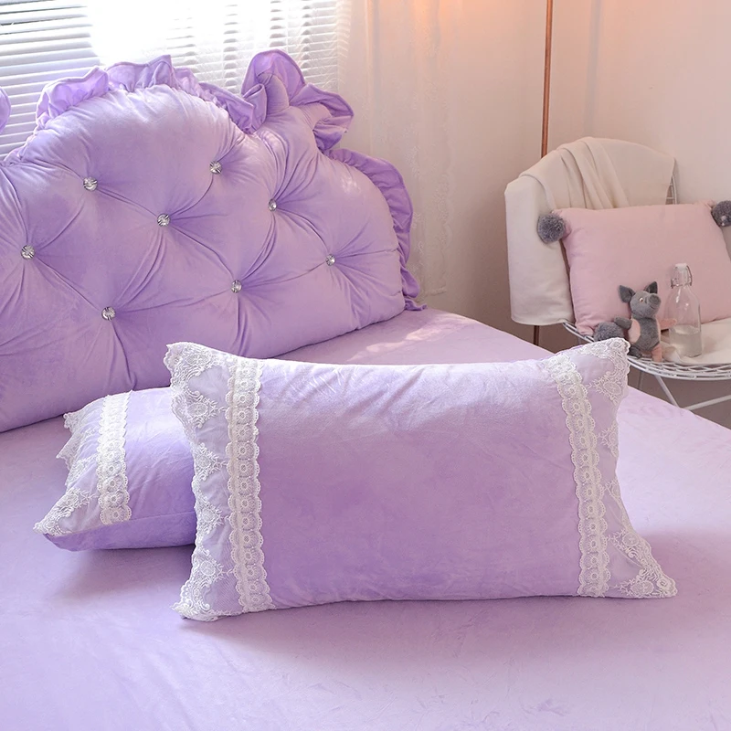 Blue Pink Purple Soft Berber Fleece Princess Girl White Lace Bedding Set Fleece Fabric Duvet Cover Bed sheet/Linen Pillowcases