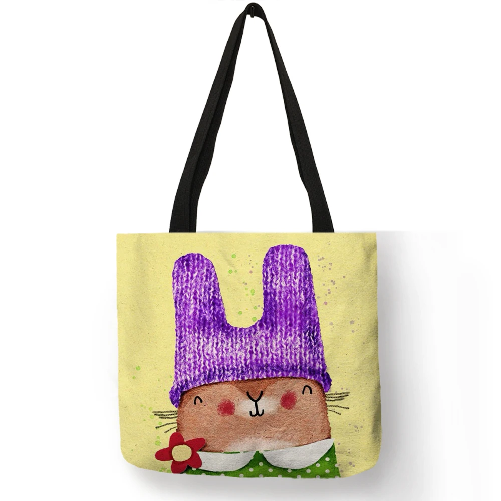 

Cartoon Design Women Tote Bag Funny Cute Bear Dog Painting Shoulder Bag Linen Eco-friendly Girls Shopping Work Handbag