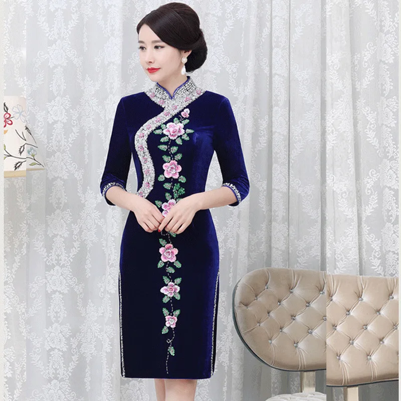 Модные бархатные Cheongsma пикантный китайский женский халат длинные традиционное китайское платье Восточный стиль платья Китай магазин