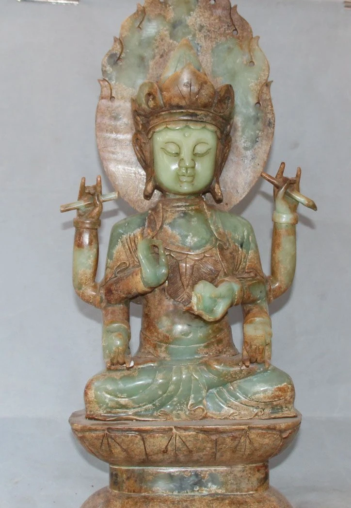 

20" Rare Buddhism Old Jade Seat Six Arms Kwan-yin Guan Yin Goddess Statue