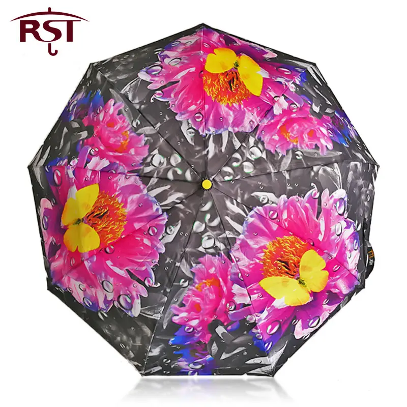 

RST 3D Quality Art Woman Umbrella 9Rib Windproof Folding Travel Compact Oil Painting Color Handle Parasol Rain Women Umbrella