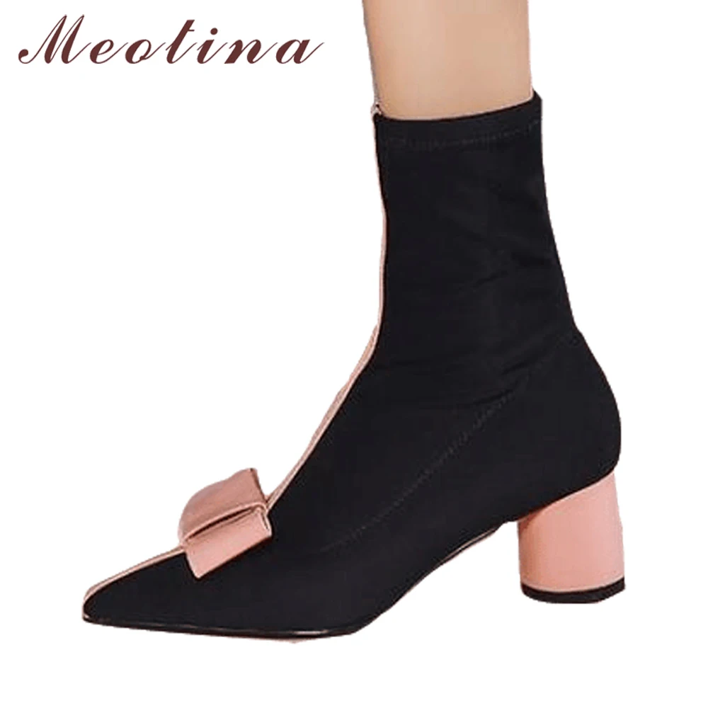 

Meotina Women Ankle Boots Winter Round Heels Sock Boots Butterfly Knot Boots Pointed Toe Stretch Short Boots Ladies Shoes Pink