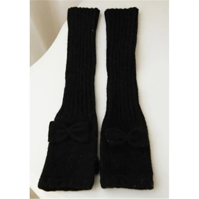 Осенне-зимние женские вязаные шерстяные перчатки с элегантным бантом, женские рукавицы без пальцев, тепловые гетры для рук, одноцветные, на половину пальца, T102 - Цвет: Черный