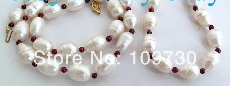 

Jewelry 00613 14mm White Pearl Garnet Necklace Bracelet SET (A0513)