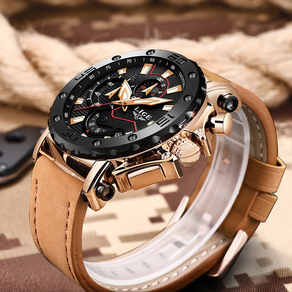 LIGE повседневные спортивные часы для мужчин Лидирующий бренд Роскошные синие кожаные военные наручные часы Мужские часы модные наручные часы с хронографом