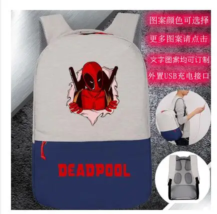 

New designed High Q anime deadpool printing backpacks unisex waterproof USB charge backpack for student