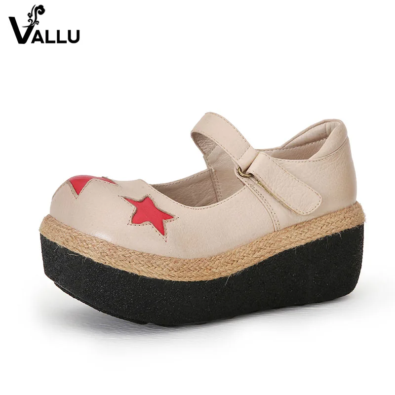 

VALLU 2018 Autumn Genuine Leather Women Platform WedgesPumps Round Toes High Heels Ladies Mary Janes Shoes
