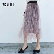 Тюль Кружево сеточка юбки осень зима Женская бархатная плиссированная юбка Эластичная Высокая талия Повседневная элегантная плиссированная миди юбка 79