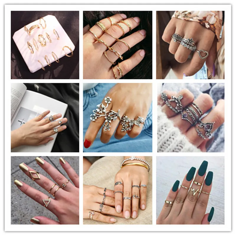 

2019 Retro stone series of crystal multi pieces sets of rings hollowed moon waves cute loveheart irregular rings for female