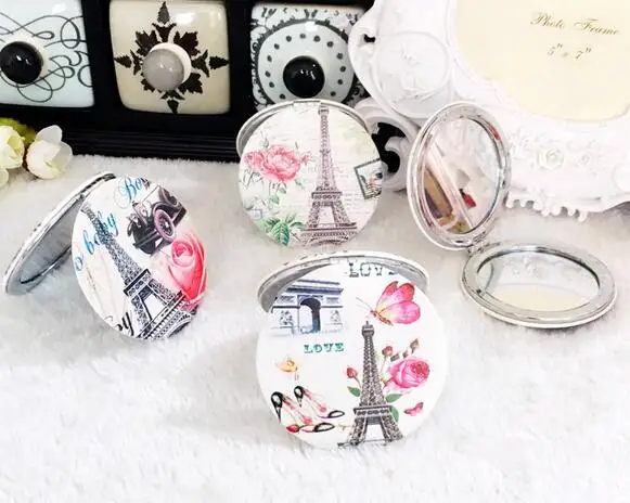 

1pcs Round Europe tower mirror Ms. double folding portable Pu mirror mirror