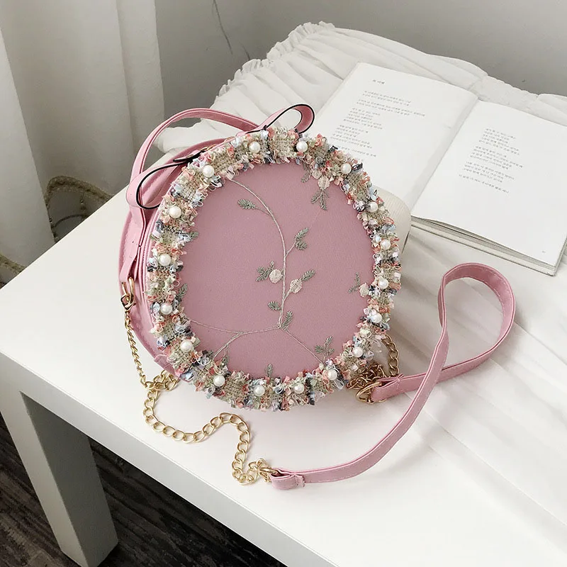 

Beaded Pearl Bag Chain Crossbody Bags for Girls Summer Fashion Lace Embroidery Round Beach Bag Circle Floral Handbag Sequin Sac