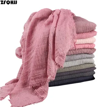 

ZFQHJJ Women Colorful Cotton Plain Crinkle Wrinkle Muslim Hijab Scarf Turkish Turkey Scarves Oversized Large Long Shawl Wraps