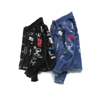 

Men Denim Jacket Men's yokosuka Graffiti Hip Hop Cowboy Jackets Fashion harajuku Jacket Turn-down Collar Cotton Outwear Ripped