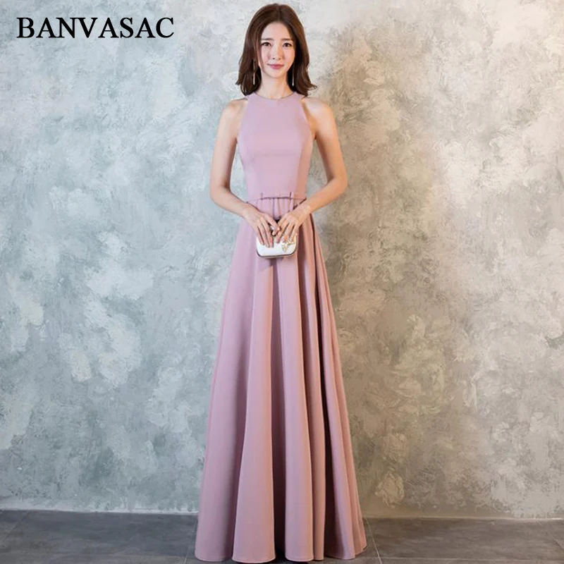

BANVASAC 2018 Elegant Halter Bow Sash A Line Satin Long Evening Dresses Party Off The Shoulder Zipper Back Prom Gowns