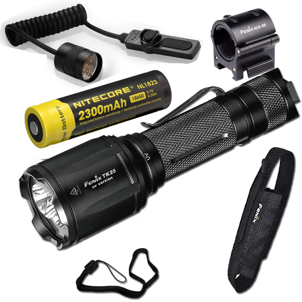 

Fenix TK25 UV 1000 Lumens white/3000mW ultra violet (UV) Dual Beam LED Flashlight (TK25UV) with battery ALG 00 Mount, AER-03