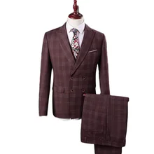 Новинка года бордовый плед жених смокинги для женихов двубортный жениха Best Man Костюмы 3 предмета в комплекте(куртка+ брюки девоч