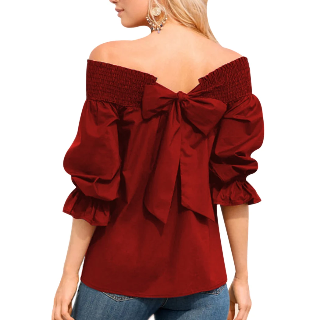

2018 Sexy Off The Shoulder Spring Summer Women Blouse Shirt Bowknot Tops Slash Neck Elegant Ladies Shirts Casual Loose Top Blusa