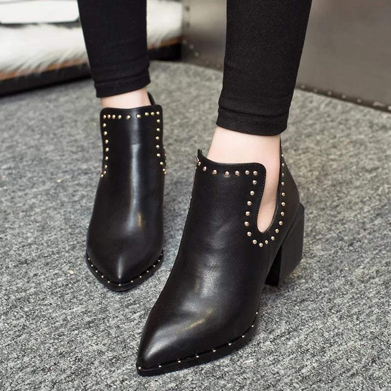 

New Arrival Spring Style Fashion Pointed Toe Personality Rivets Back Zipper Medium Heel PU Leather WoMen Casuals Single Shoes