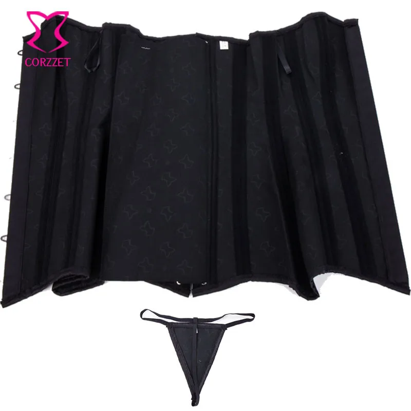 Черный атласный Бурлеск Корсеты и бюстье готическая одежда со стальными косточками овербюст длинный корсет стимпанк рок корсетт для женщин