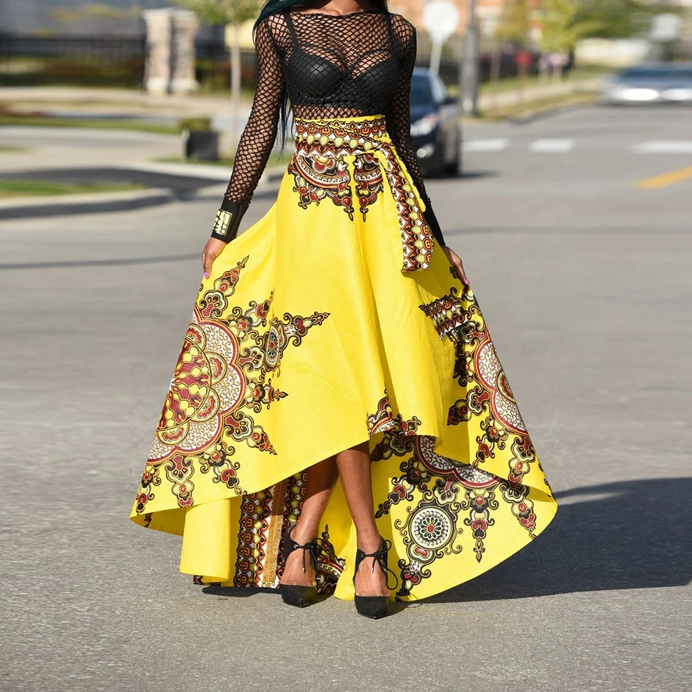 Новая африканская винтажная юбка модные короткие спереди длинные сзади Асимметричные этнические узоры юбки Bazin Riche Faldas Largas Mujer Verano