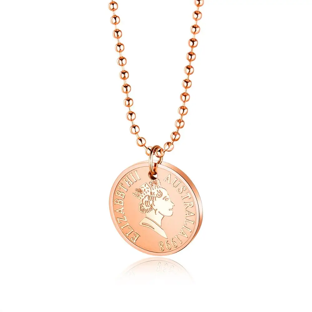 

European and American style Queen Elizabeth Rose Gold Pendant Titanium steel coin lady Necklace