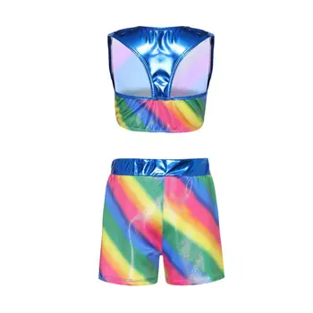 

Kids Girls Printed Rainbow Color Split Gymnastics Suit Matching Body Suit Ballet Dance Practice Clothes Dance Pants Suit
