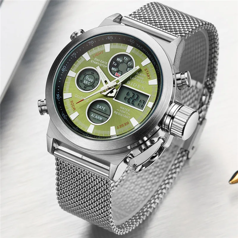 

BIDEN Men Dual Time Display Watches Top Brand Luxury Man LED Digital Quartz Watch Mens Stainless Steel Waterproof Wristwatch-031