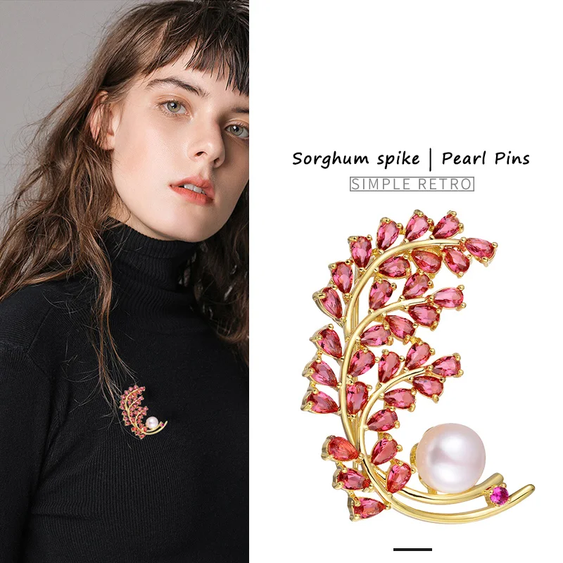 

Hongye 2019 Fashion Women Gold Natural Freshwater Pearl Red Zircon Brooch Pins Jewelry Accessories