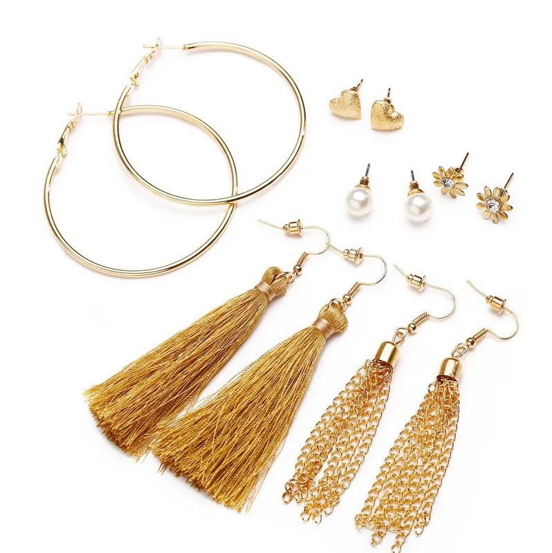 Belleper New Design Tassel Earring Sets Women Geometric Bohemian Gold Flower Long Tassel Earring Set Fashion Wedding Jewelry