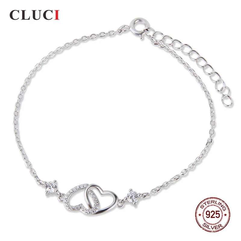 

CLUCI Simple 925 Sterling Silver Double Love Heart Bracelet Jewelry for Women Adjustable Length Bracelet Gift
