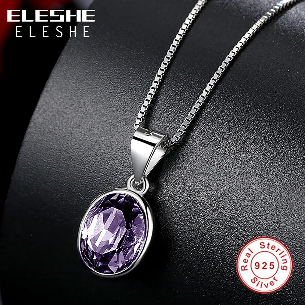 ELESHE Authentic 925 Sterling Silver Purple Stone Cubic Zirconia 45CM Pendants & Necklaces for Women Sterling-Silver-Jewelry