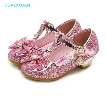 

Girls Princess Shoes Elsa Design New Brand High Heels Sandals Dance Weddings Kids Fashion Butterfly Leather Party Shoes with Bow