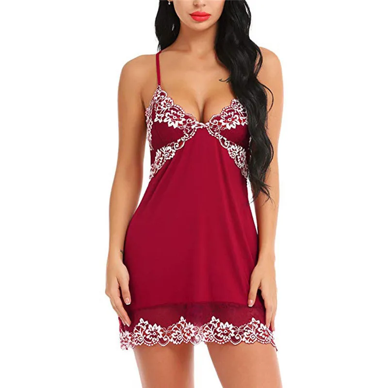 

Sexy Lingerie Women Silk Lace Robe Dress Babydoll Sleeveless Nightdress-Nightgown Solid Slim Ladies Sleepwear Exotic Dresses