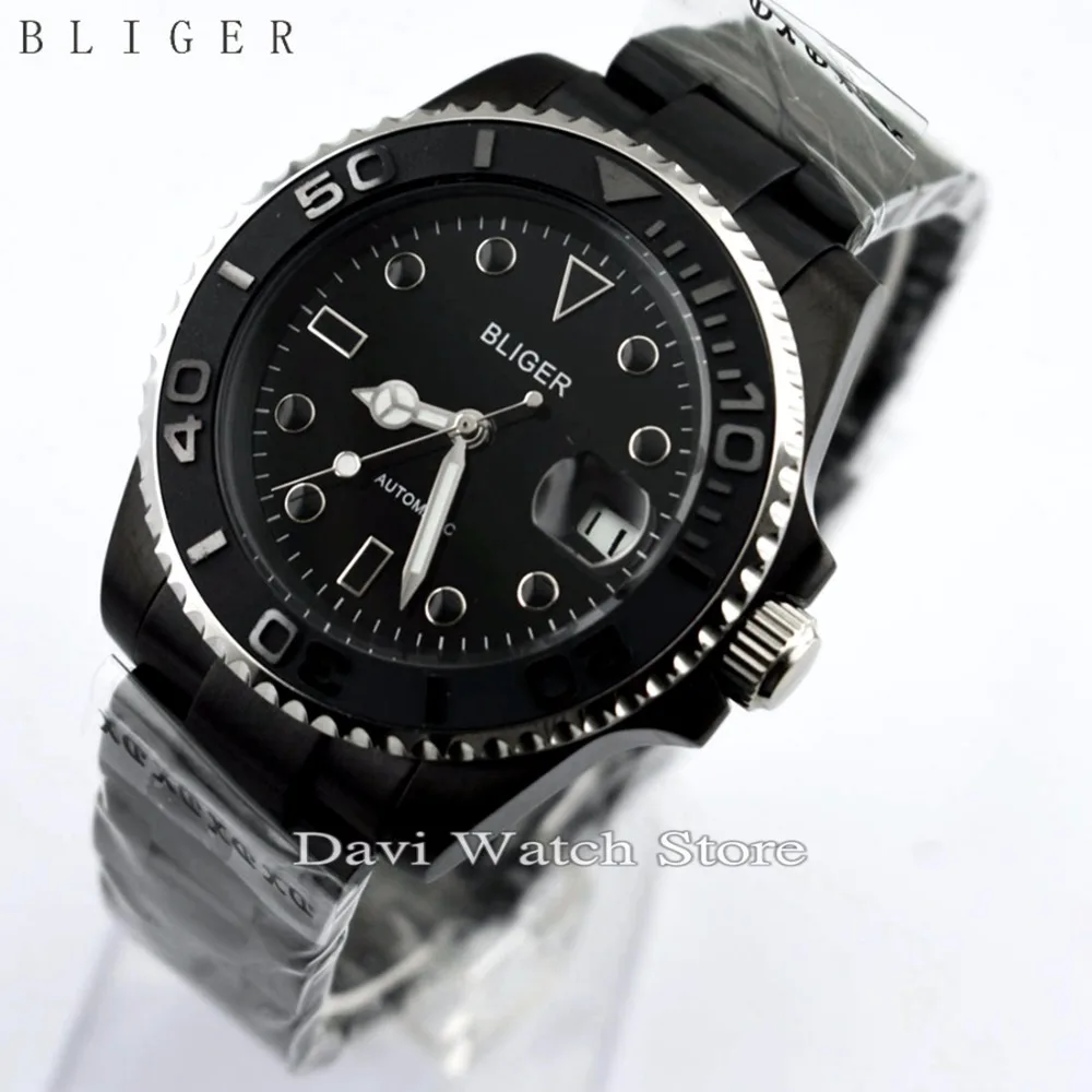 

40MM BILGER BLACK CERAMIC BEZEL LUMINOUS HANDS SAPPHIRE GLASS AUTOMATIC DATE MENS WATCH