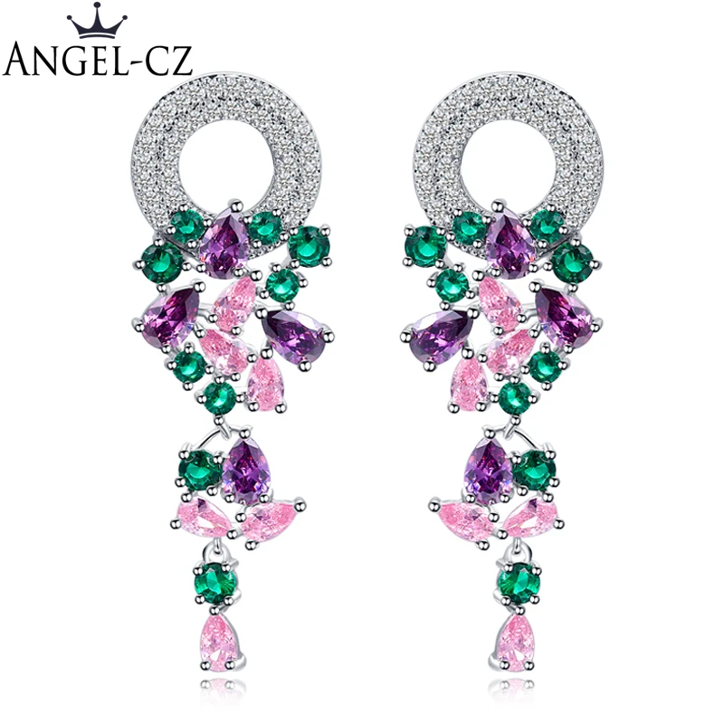 

ANGELCZ Gorgeous Grape Drop Hand Pave Multi Cut Purple Green Color CZ Crystal Long Hanging Earrings For Women Jewelry Gift AE145