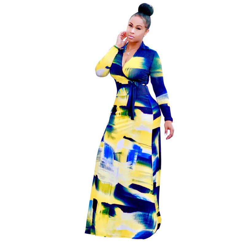 Nieuwe 2017 zomer vrouwen katoen jurken bloemenprint v-hals lange mouw boog split floor lengte jurken vestidos HD112