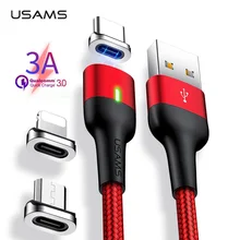 USAMS Micro USB Магнитный кабель usb type C светодиодный магнитный usb кабель для зарядки iphone samsung Xiaomi huawei USB кабель для зарядного устройства