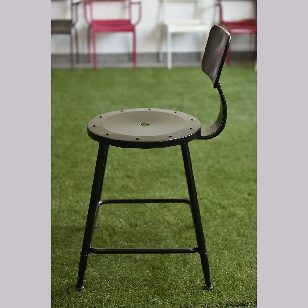Industrial Chic Metal Round Seat Adjustable Height Bar Stool with Curve Backrest Industrial Chic Metal Round Seat Adjustable Height Bar Stool with Curve Backrest