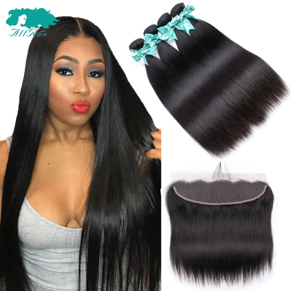 Allrun Brazilian Straight Hair Weave Bundles With 13*4 Lace Frontal Free Part Straight Human