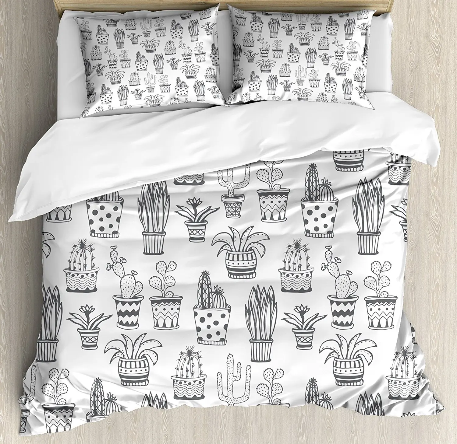 

Cactus Duvet Cover Set Doodle Flowers in Pots with Polka Dots and Zig Zags Tropical Plants Monochrome Decor Bedding Set White
