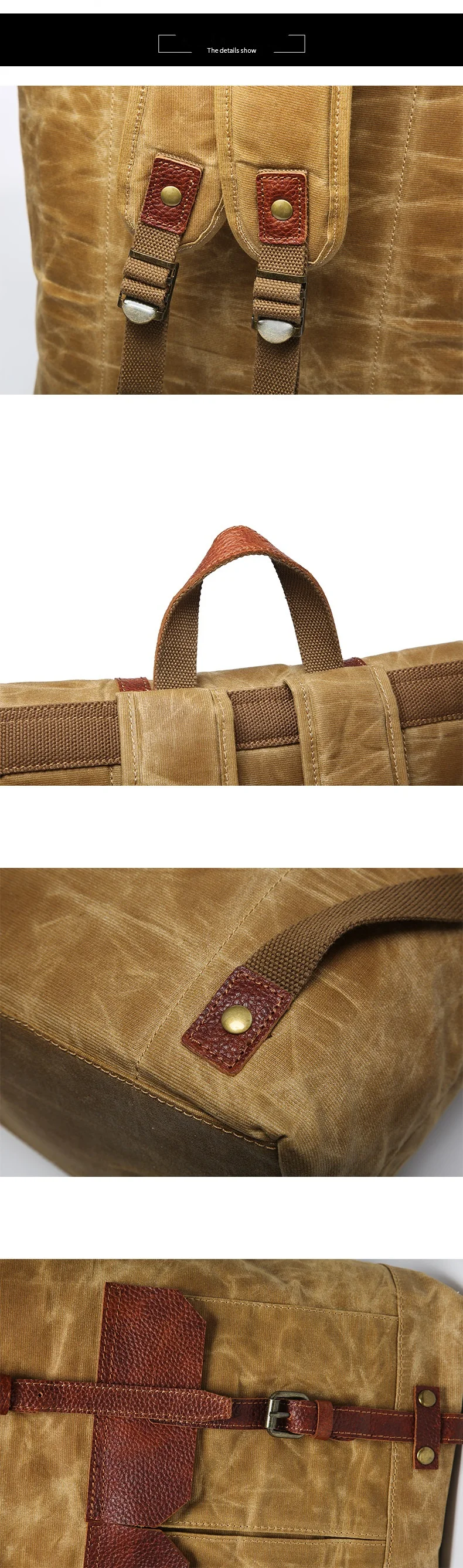 DETAILINFORMATIONEN zum wasserdichten Rolltop-Rucksack „Woosir Retro“ aus gewachstem Canvas