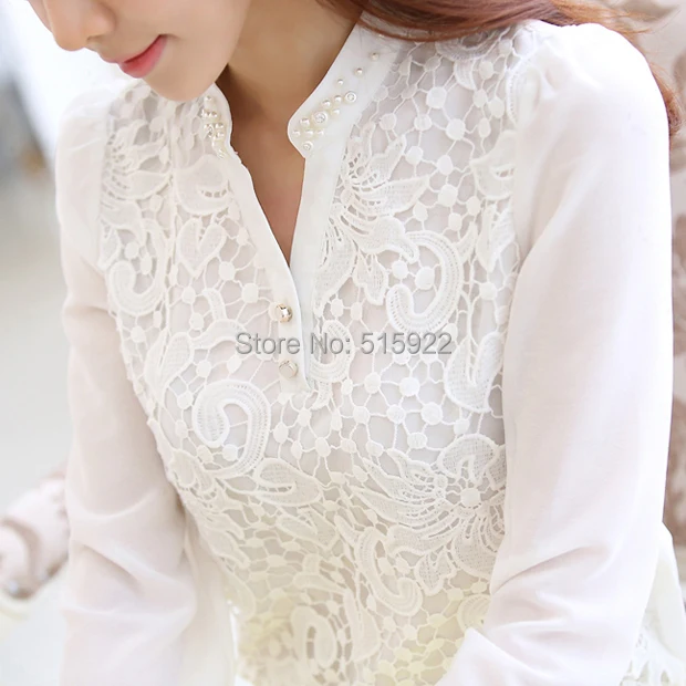 Acheter 2017 Nouvelle Arrivée Femmes Dentelle Blouse À manches Longues Perles Crochet Blanc En Mousseline de Soie Chemise Plus La taille lâche blusas 60B6