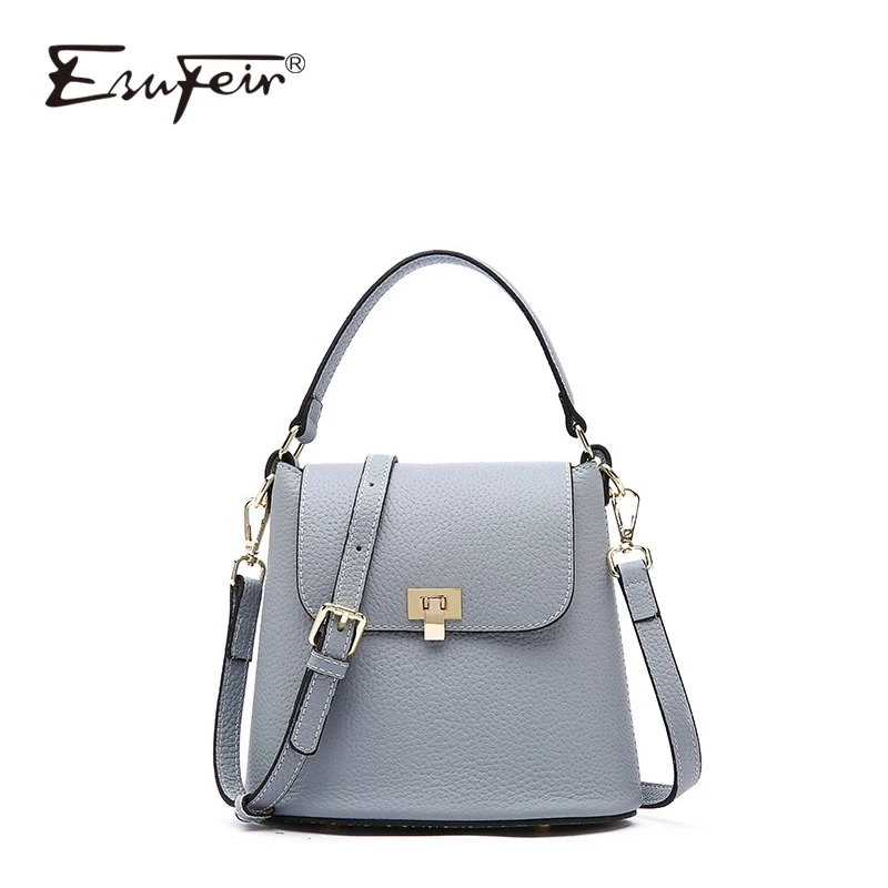 ESUFEIR Genuine Leather Fashion Women Bucket Bag Luxury Handbags Women bags Designer Women Messenger Bag Leather Bucket Tote Bag