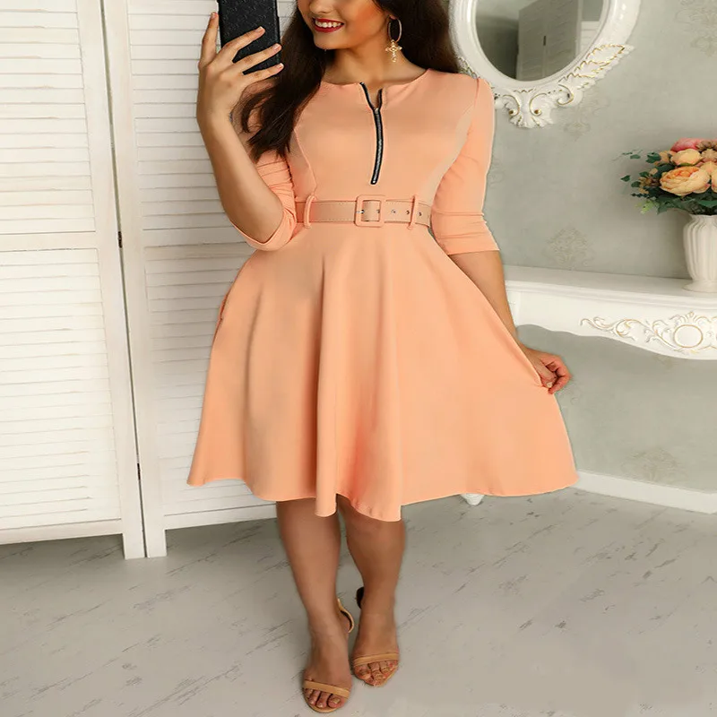 

2019 Spring Half Sleeve Elegant Tunic Midi Dress Women O Neck Casual Sash Zipper Dress Office Lady Solid Work Dress Vestidos