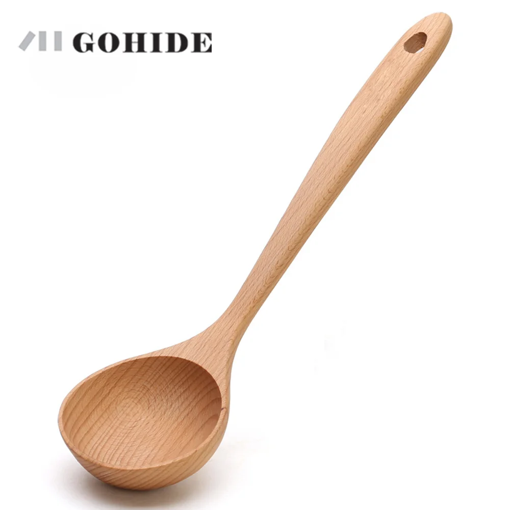 JUH A Large Long Beech Handle Wood Spoon For Kitchen Using Porridge Hot