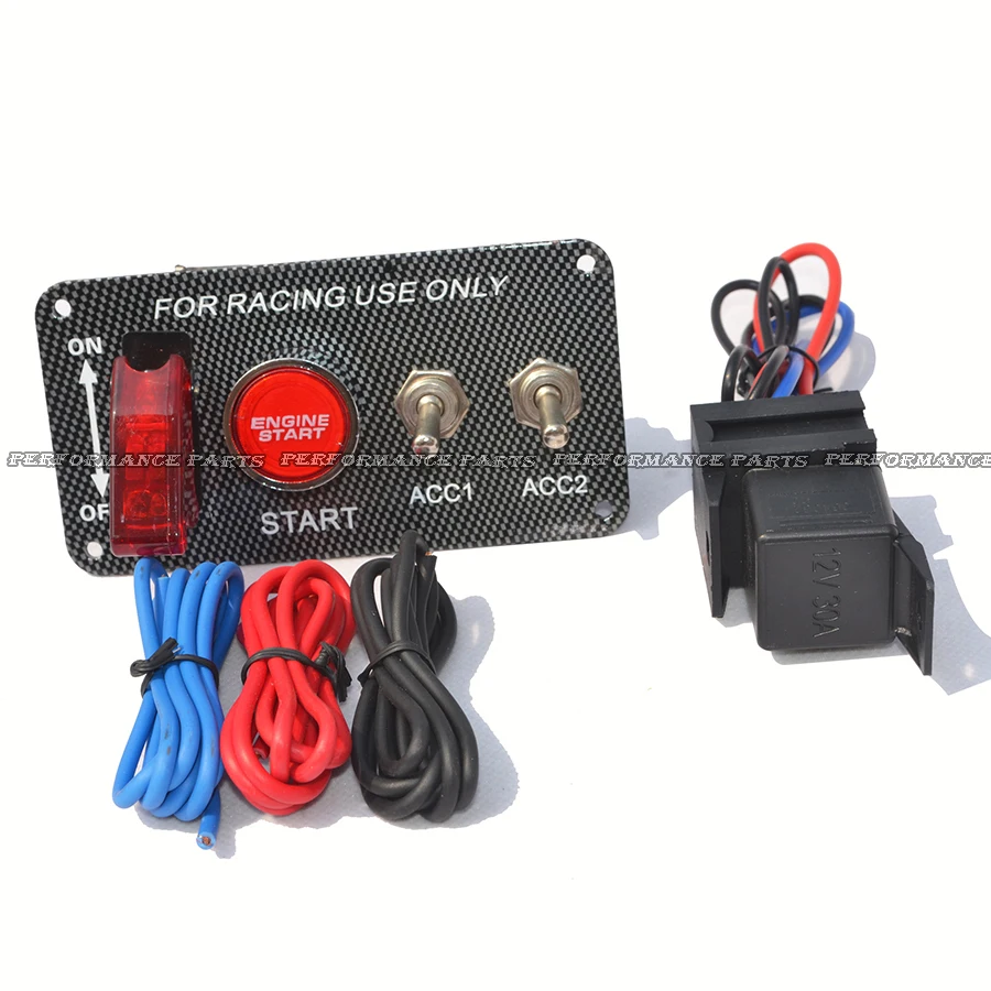 

Performance Parts Universal 12V Ignition Switch Panel Engine Start Button LED Toggle Carbon With 2ACC