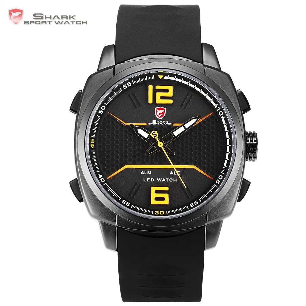 

Cool New Design Whitetip Reef Shark Sport Watch Men LED Yellow Analog Date Alarm Silicon Band Quartz Digital Wrist Watches/SH489