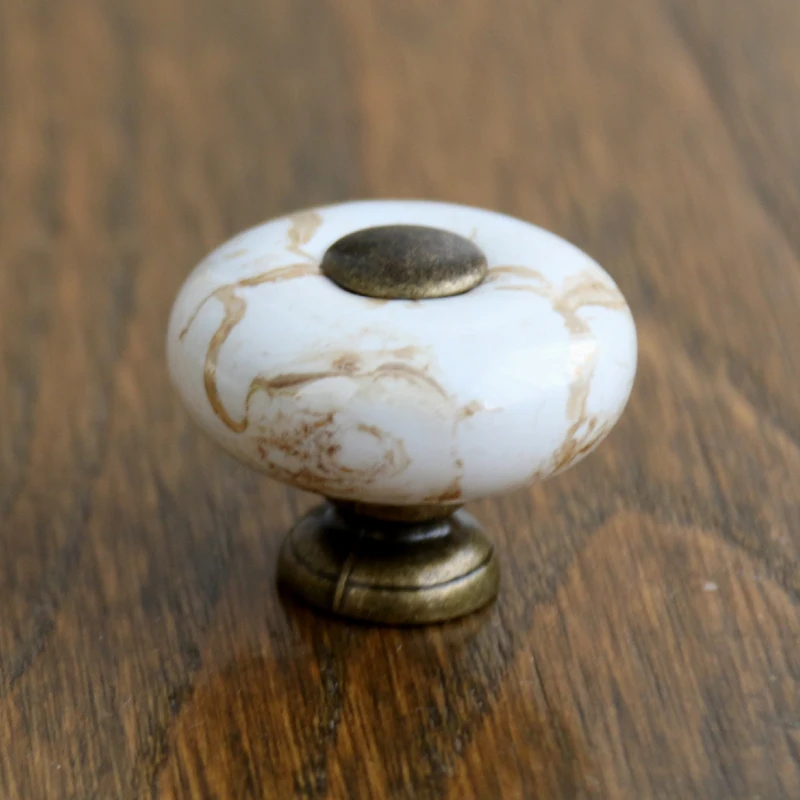 Antique Brass Marble Porcelain Drawer Knobs Kitchen Cabinet Handle