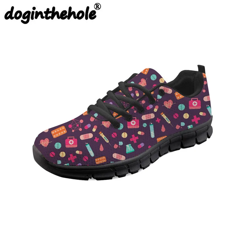 

doginthehole Running Shoes Medical Pills Pattern Nurse Shoes for Women Flat Sport Sneakers Outdoor Female Gym Shoes Lace-up Girl
